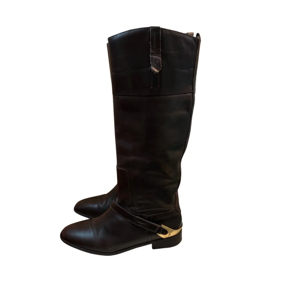 Brown Knee-High Leather Riding Boots Side Strap Gold Buckle Accent Women's Sz 9‎